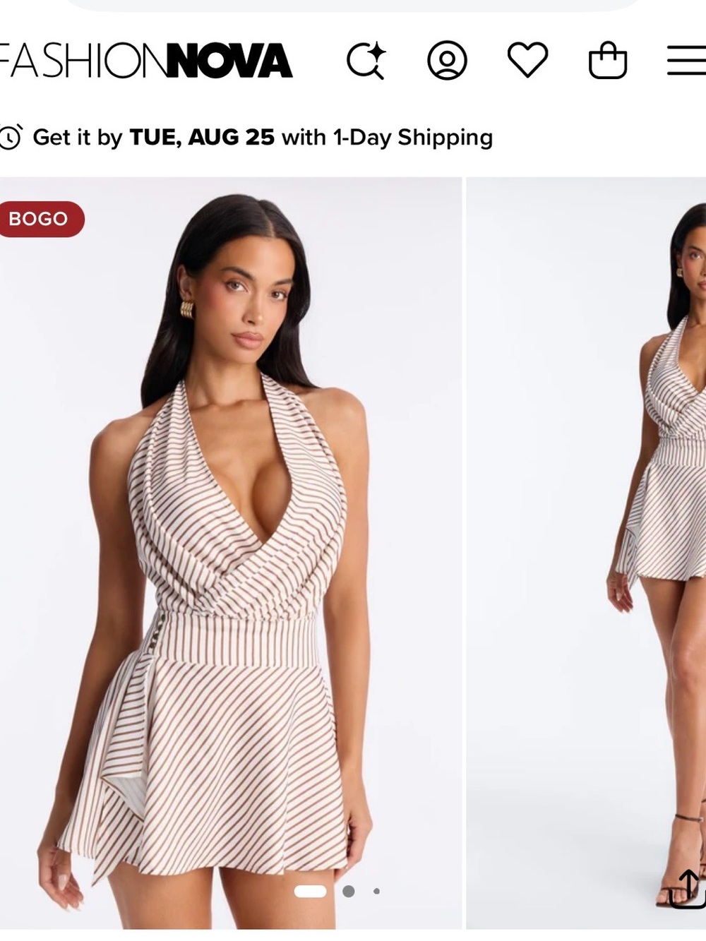 Fashion Nova Cream and Brown Striped Halter Flare Mini Dress